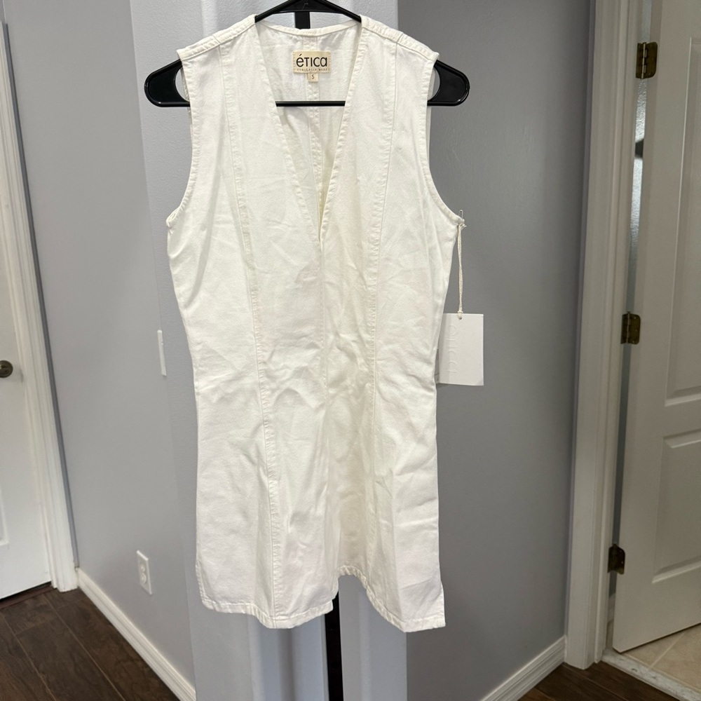 NWT Etica Laila Cream White Utility Mini Denim Jean Dress Size Small V Neck